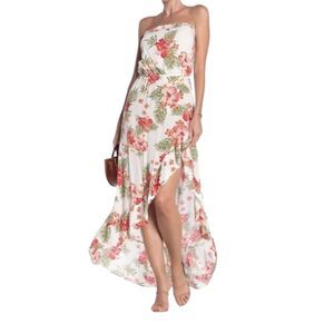 Love...ady Pink Hibiscus Green Front Slit Dress Women's Small Strapless